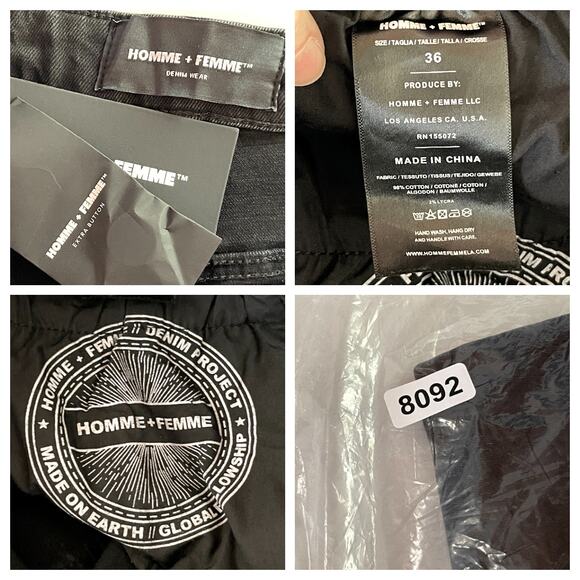 Homme + Femme NEW Distressed Flames Logo Jean Shorts Mens Sz 36 Black Stretch - Picture 10 of 10